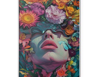 May include: A framed art print featuring a surreal portrait of a face surrounded by a vibrant array of flowers. The artwork showcases a woman's face with closed eyes and full lips, blending seamlessly with colorful blooms in shades of pink, orange, and yellow.