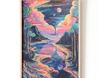 Psychedelische kosmische landschapskunst aan de muur | Surrealistisch droomlandschap-poster | Trippy Galaxy-riviertafereel | Gedrukte muurkunst voor thuis en studio