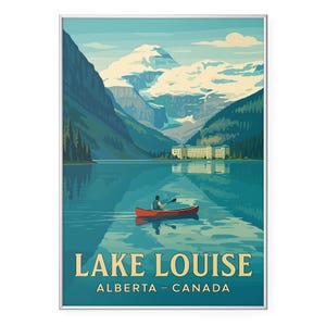 Lake Louise Photo Print, Banff Canada Poster Print, Canoe Glacier Mountain WPA Wall Art | Modern | Office | Home Decor