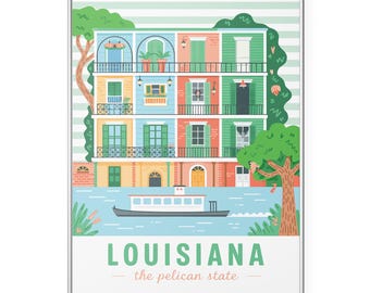 Louisiana State Poster Print, Louisiana Vintage Travel Wall Art, Louisiana Retro Home Decor, Pelican State Vintage Poster