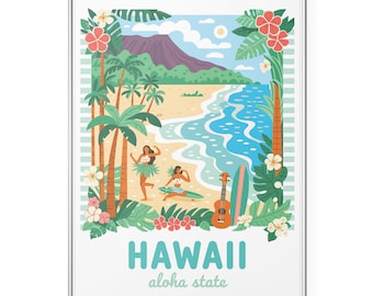 Impresión de póster de viaje de Hawái, arte mural vintage del estado de Aloha, decoración retro de playa tropical, póster del estado Wanderlust, arte mural de Hawái