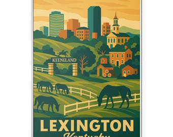 May include: A framed art print featuring a stylized illustration of Lexington, Kentucky. The image showcases a cityscape, rolling green hills, grazing horses, and the text "LEXINGTON Kentucky". The artwork has a vintage travel poster aesthetic.