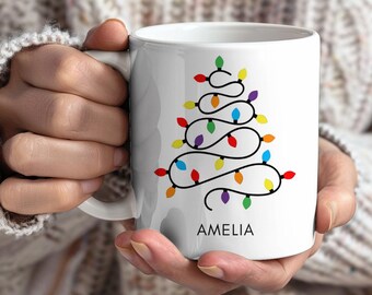 Gepersonaliseerde mok kerstverlichting, uniek cadeau, koffiemok, kerstcadeau, perfect cadeau, koffiekopje, koffiekopje vakantie cadeau