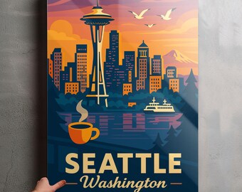 Seattle Washington Photo, Glossy Aluminium Metal Photo Panel Home Office Decor Wall Art