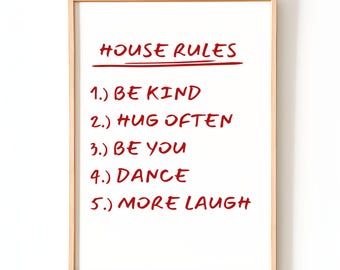 Arte mural imprimible con reglas de la casa / Póster de reglas familiares / Regalos de inauguración de la casa / Decoración positiva para el hogar / Arte tipográfico minimalista