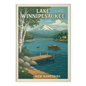 Lake Winnipesaukee Photo Print, Retro Dock & Boat Poster Print, New Hampshire Lake Wall Art | Modern | Office | Home Decor