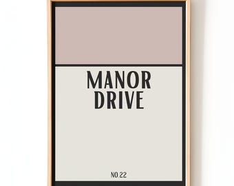 Modern Street Name Print | Custom Address Sign | Minimalist House Number Art | Personalized Home Decor | Customized Monopoly Wall Art