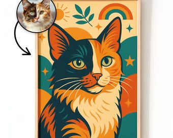 Retro Pop Art Haustier Porträt | Benutzerdefinierte bunte Hunde oder Katzen Illustration | Funky Vintage-Stil Haustier Wand Kunst | Groovy Geschenk für Tierliebhaber