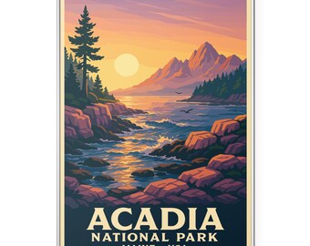 Puede incluir: Una impresión artística enmarcada que presenta una vista escénica del Parque Nacional Acadia en Maine, EE. UU. La obra de arte representa una puesta de sol sobre el océano con montañas, árboles y el texto "ACADIA NATIONAL PARK". La paleta de colores incluye tonos de naranja, azul y verde.