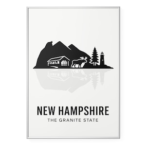 New Hampshire Granite State Photo Print, Black and White Silhouette Poster Print, Mountain Peaks Wall Art | Modern | Office | Home Decor