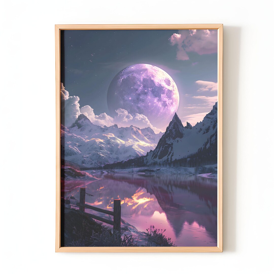Purple Moon Wall Art | Fantasy Mountain Landscape Poster | Surreal ...