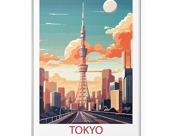 Reisposter Tokio, Japan | Vintage Aziatische stadsmuurkunst | Retro Tokiotoren-print | Woondecoraties Japanse skyline