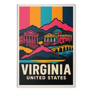 Stampa fotografica della Virginia, poster con skyline vibrante, arte murale di architettura storica / arredamento moderno / ufficio / casa