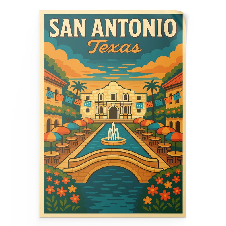 May include: A vintage-style travel poster for San Antonio, Texas. The illustration features the Alamo, a fountain, and a bridge over a waterway. Colorful umbrellas and tables line the water's edge, with the text "SAN ANTONIO Texas" at the top.