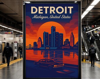 Impression photo Detroit, affiche impression sur les toits du Michigan, art mural Motor City | Moderne | Bureau | Décoration d'intérieur