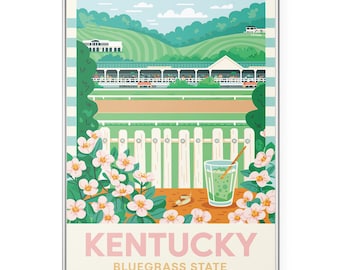 Kentucky Travel Poster Print, Bluegrass State Wall Art, Vintage Horse Racing & Mint Julep Decor, Retro State Poster, Kentucky Wall Decor