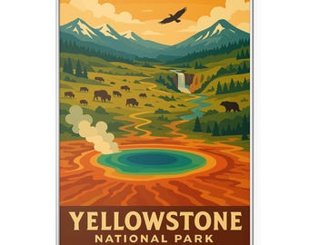 Pode incluir: Um poster emoldurado com uma ilustração estilizada do Parque Nacional de Yellowstone. A obra de arte retrata uma paisagem colorida com um gêiser, bisontes, montanhas e uma águia voando. O texto "YELLOWSTONE NATIONAL PARK WYOMING - USA" está na parte inferior.