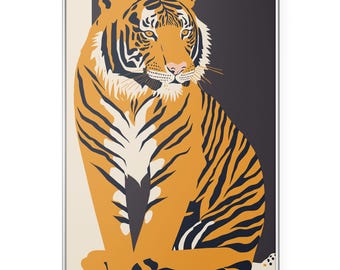 Plakat ścienny z siedzącym tygrysem, odważny plakat ze zwierzętami safari, ilustracja dzikiego kota, majestatyczna grafika z tygrysem do wystroju domu