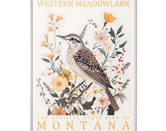 Montana State Bird Print Western Meadowlark Wall Art, Vintage Botanical Bird Poster, Rustic Cottagecore Nature Home Decor Gift