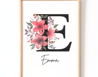 Floral Monogram Wall Art | Personalized Letter Print with Name | Watercolor Flower Poster | Gift for Her | Custom Initial Decor | Home Decor