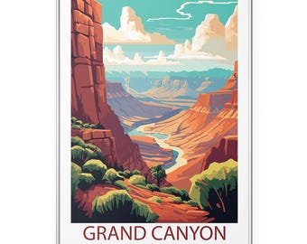 May include: A framed art print of the Grand Canyon National Park. The artwork features a stylized landscape with red rock formations, a winding river, and a blue sky with clouds. The words "GRAND CANYON NATIONAL PARK" are printed at the bottom.