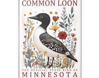 Oeuvre d'état du Minnesota, impression d'art mural huard huard, affiche vintage d'oiseau botanique, cadeau de fierté d'État, décoration d'intérieur nature rustique cottagecore