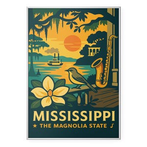 Mississippi Photo Print, Magnolia State Poster Print, Vintage Riverboat Wall Art | Modern | Office | Home Decor