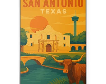Plakat San Antonio Texas Alamo, Plakat San Antonio Texas Skyline Print, Sztuka ścienna San Antonio TX | Nowoczesny | Biuro | Dom