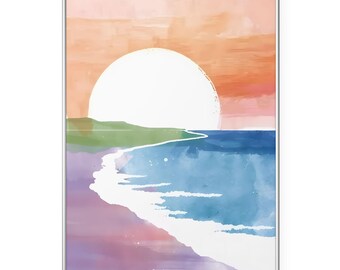 Sunset Ocean Wall Art Print, Minimalist Seascape Poster, Watercolor Beach Artwork, Pastel Coastal Wall Decor, Modern Nature Print