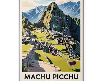 May include: A framed travel poster of Machu Picchu, Peru. The artwork depicts the ancient Inca citadel nestled in the mountains, with a llama in the foreground. The poster has a vintage travel aesthetic with the words "Machu Picchu Peru" at the bottom.