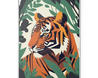 Impresión de arte mural de tigre guardián de la jungla, póster de animales de safari, obra de arte de vida silvestre, ilustración de felinos grandes en la jungla, decoración del hogar para amantes de los tigres