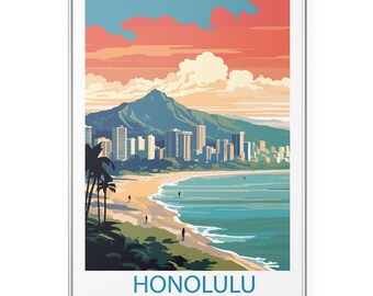 Honolulu Hawaii Travel Poster | Vintage Beach Wall Art | Retro Waikiki Print | Tropical Coastal Home Decor