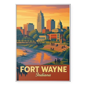 Fort Wayne Photo Print, Indiana  Skyline Poster Print, Retro Riverfront Wall Art | Modern | Office | Home Decor
