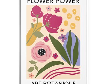 Flower Power Art Botanique Print, Retro French Poster, Abstract Colorful Floral Wall Art, Vintage 70s Botanical Boho Decor