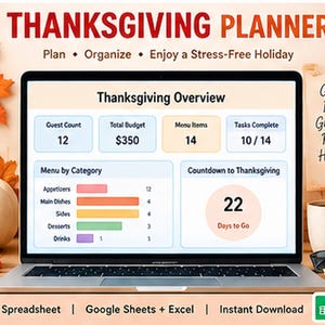 Spreadsheet voor Thanksgiving-planning | Maaltijdplanner voor Thanksgiving, boodschappenlijst, menu, kookschema en vakantiebudget | Google Sheets Excel