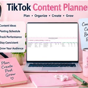 May include: A TikTok Content Planner digital spreadsheet displayed on a laptop screen, accompanied by a pink notebook with the text Plan Create Post Grow, a pink mug with Good Ideas Great Content, and a list of features including Content Ideas.