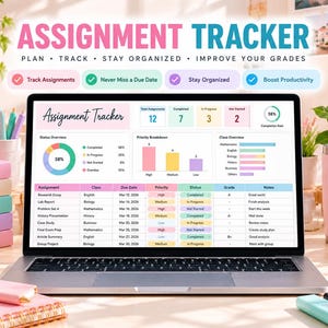 Hoja de cálculo para el seguimiento de tareas / Tareas escolares / Planificador de tareas universitarias / Seguimiento de fechas límite, prioridades y calificaciones / Hojas de cálculo de Google Excel