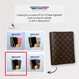 May include: A brown planner cover featuring a repeating gold LV monogram pattern. The image includes text reading POP IN PLANNERS PRECISION FIT INSERTS, Looking for a custom fit for LV Desk Agenda? (visit my shop for details or link in description).