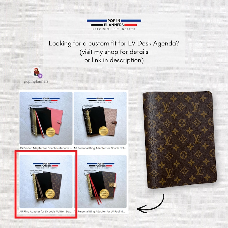 May include: A brown planner cover featuring a repeating gold LV monogram pattern. The image includes text reading POP IN PLANNERS PRECISION FIT INSERTS, Looking for a custom fit for LV Desk Agenda? (visit my shop for details or link in description).