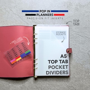 A5 Top Tab Dividers with Pocket Dashboard Storage Folder + Free Label Stickers | Planner Agenda