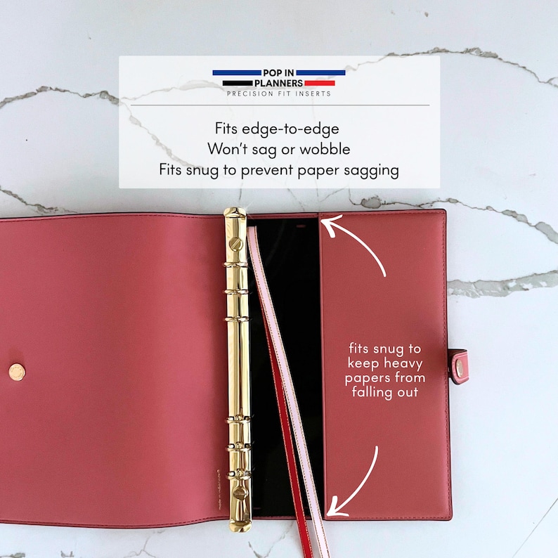 May include: A coral-colored planner binder featuring a gold-toned six-ring mechanism. Text on the image reads: POP IN PLANNERS PRECISION FIT INSERTS, Fits edge-to-edge, Won't sag or wobble, Fits snug to prevent paper sagging, fits snug to keep heavy papers from falling out.