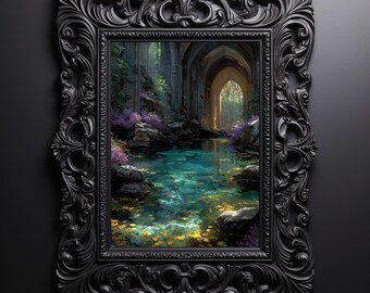 Gothic Cathedral Pool Fantasy Art Print, Dark Academia Moody Architecture (Digital Download)
