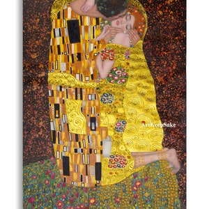 Gustav Klimt The Kiss exceptionally detailed reproduction oil painting on canvas, gold paint, made to order, 100% money back guarantee image 1
