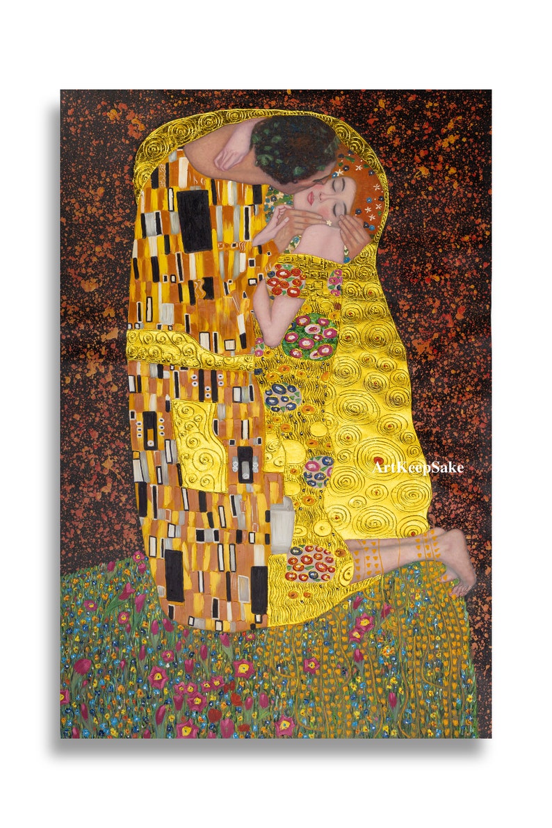 Gustav Klimt The Kiss exceptionally detailed reproduction oil painting on canvas, gold paint, made to order, 100% money back guarantee image 1