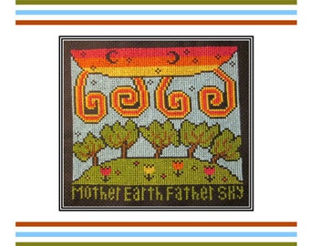 Cross Stitch PaTTERN PDF emailed Wicca WITCH Mother Earth Father Sky needlework embroidery trees sun 150