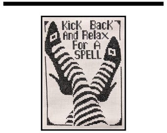 Cross Stitch Pattern PDF emailed Halloween Witch Kick Back and Relax Fall Decor Wicca Wiccan art funny Embroidery Needlework primitive 383