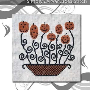 Cross Stitch Pattern PDF emailed  Halloween Pumpkin Blossoms flowers embroidery needlework 102