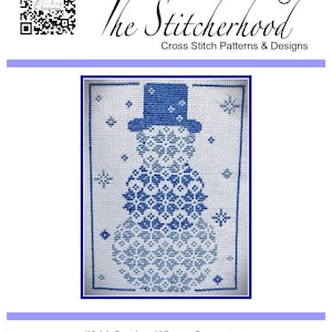 May include: Cross stitch pattern of a blue and white Quaker Winter Snowman. The pattern includes snowflakes and a blue hat. The pattern is titled "#344 Quaker Winter Snowman".
