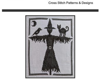 Cross Stitch Pattern PDF emailed Scarecrow Black Cat Crow Fall Autumn Wicca Pagan Wiccan Witch Halloween Decor art needlework embroidery 364