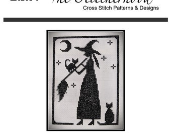Cross Stitch Pattern PDF emailed Halloween Witch Black Cat Autumn Fall Wicca Wiccan Familiars First Flying Lesson embroidery needlework 341